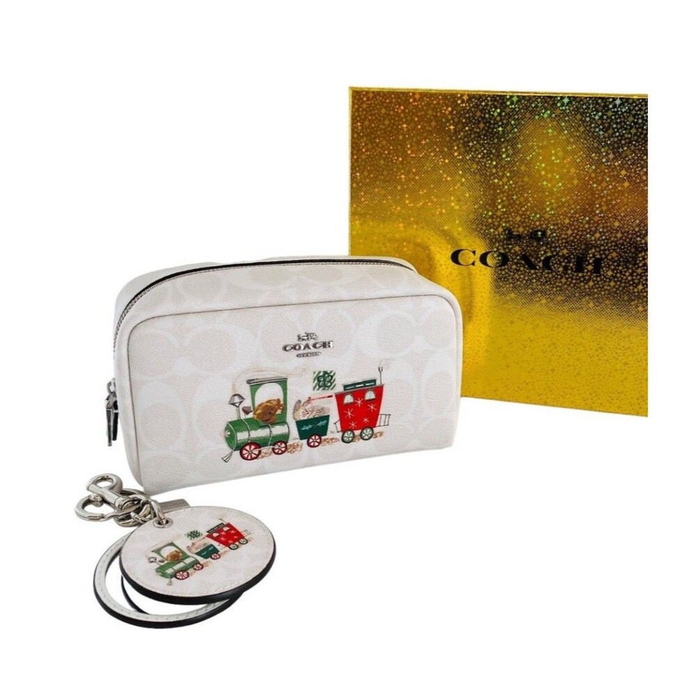 COACH Cosmetic Case Mirror Bag Dog Puppy Bunny Charm Christmas Gift Leather NWT